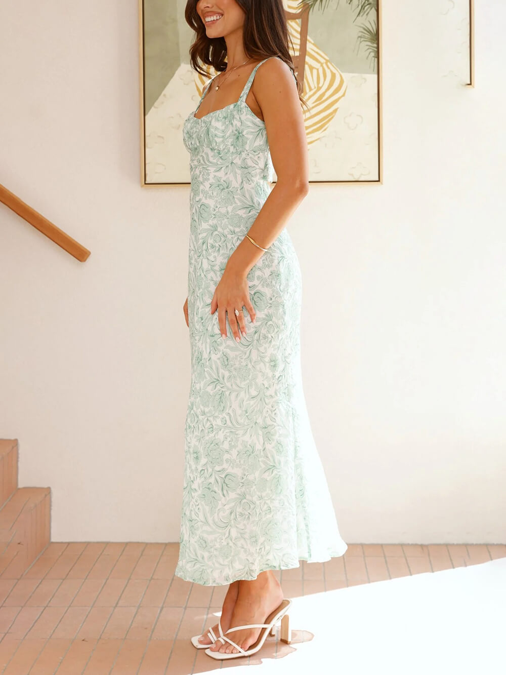 Sophisticated Floral Print Open Back Pleated Midi Dress