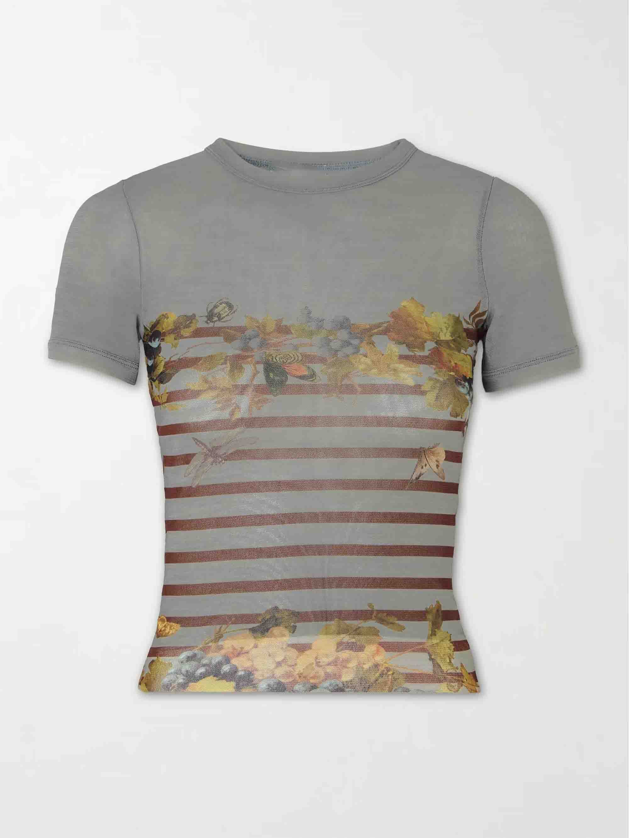 Artistic Floral Stripe Mesh Top & Midi Skirt Two-Piece Set