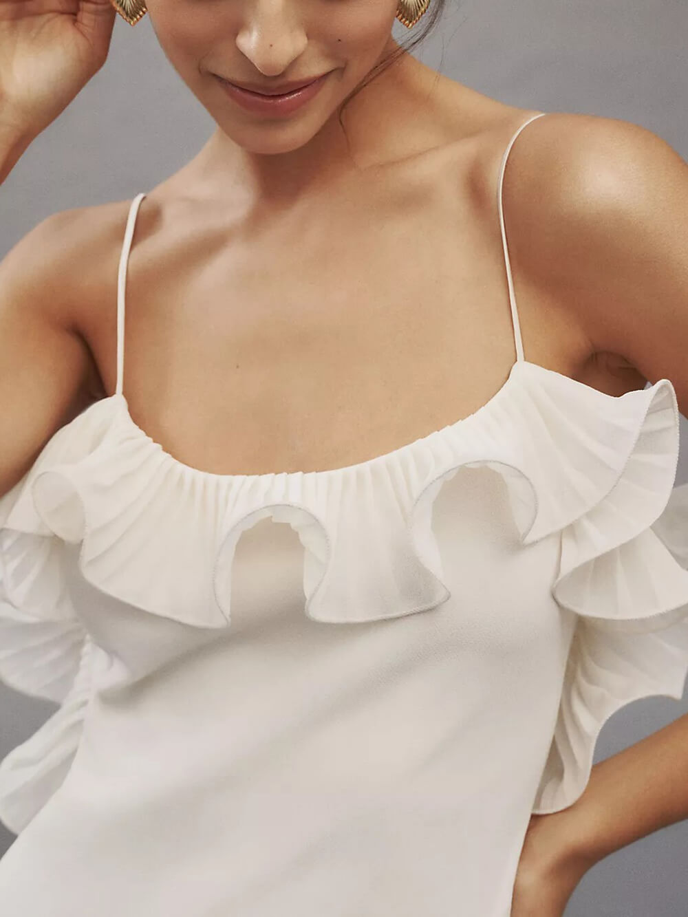 Elegant Pleated Chiffon Ruffle Trim Spaghetti Strap Maxi Dress