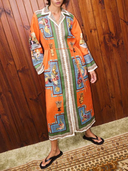 Classic Modern Unique Print Patchwork Loose Belted Shirt Silhouette Maxi Dress