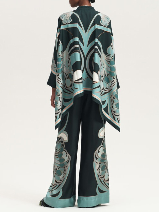 Elegant Abstract Print Satin Shirt & Wide Leg Pants Set