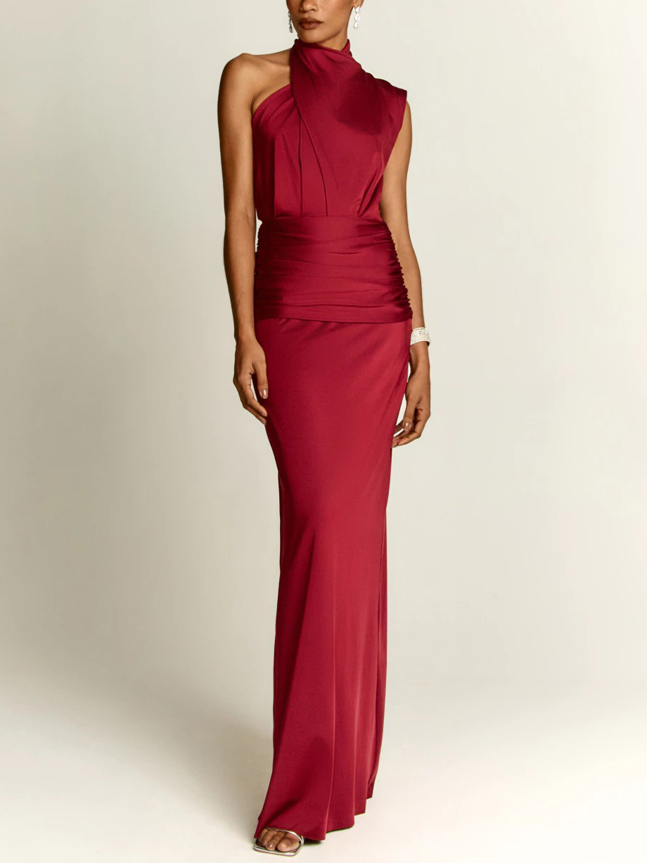 Elegant Asymmetrical Neckline Pleated Maxi Dress