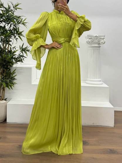 Fashionable Pleated Waist Long-Sleeved Chiffon Evening Maxi Dress