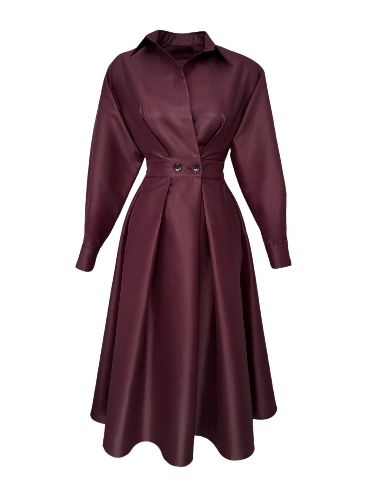 Elegant Collared Long-Sleeve A-Line Midi Dress