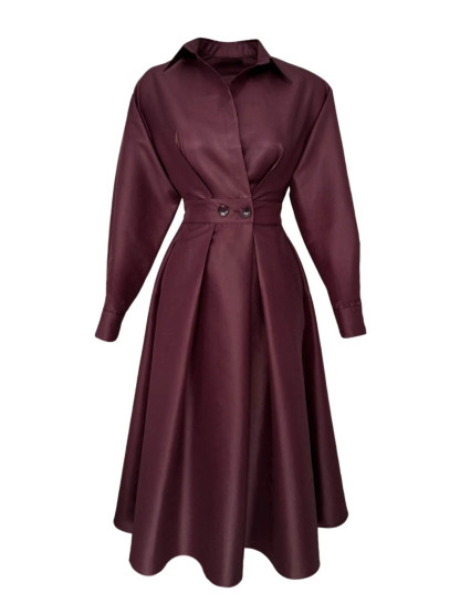 Elegant Collared Long-Sleeve A-Line Midi Dress