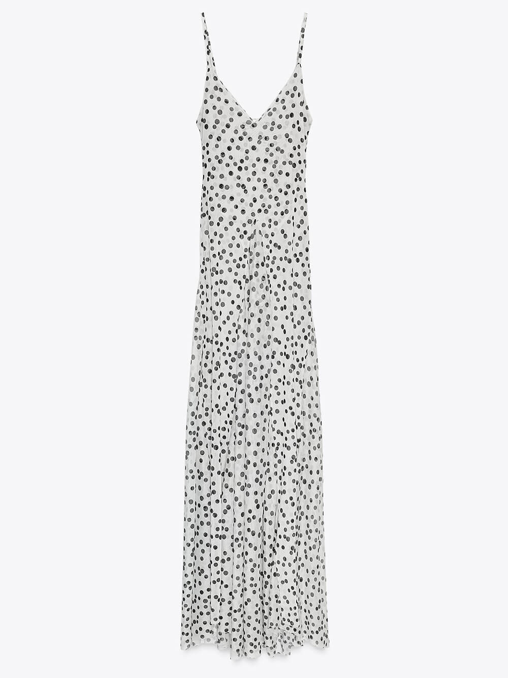 Elegant Polka Dot Print V-Neck Spaghetti Strap Flounce Hem Maxi Dress