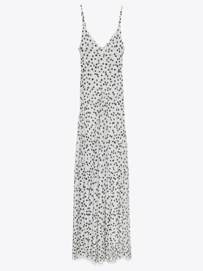Elegant Polka Dot Print V-Neck Spaghetti Strap Flounce Hem Maxi Dress
