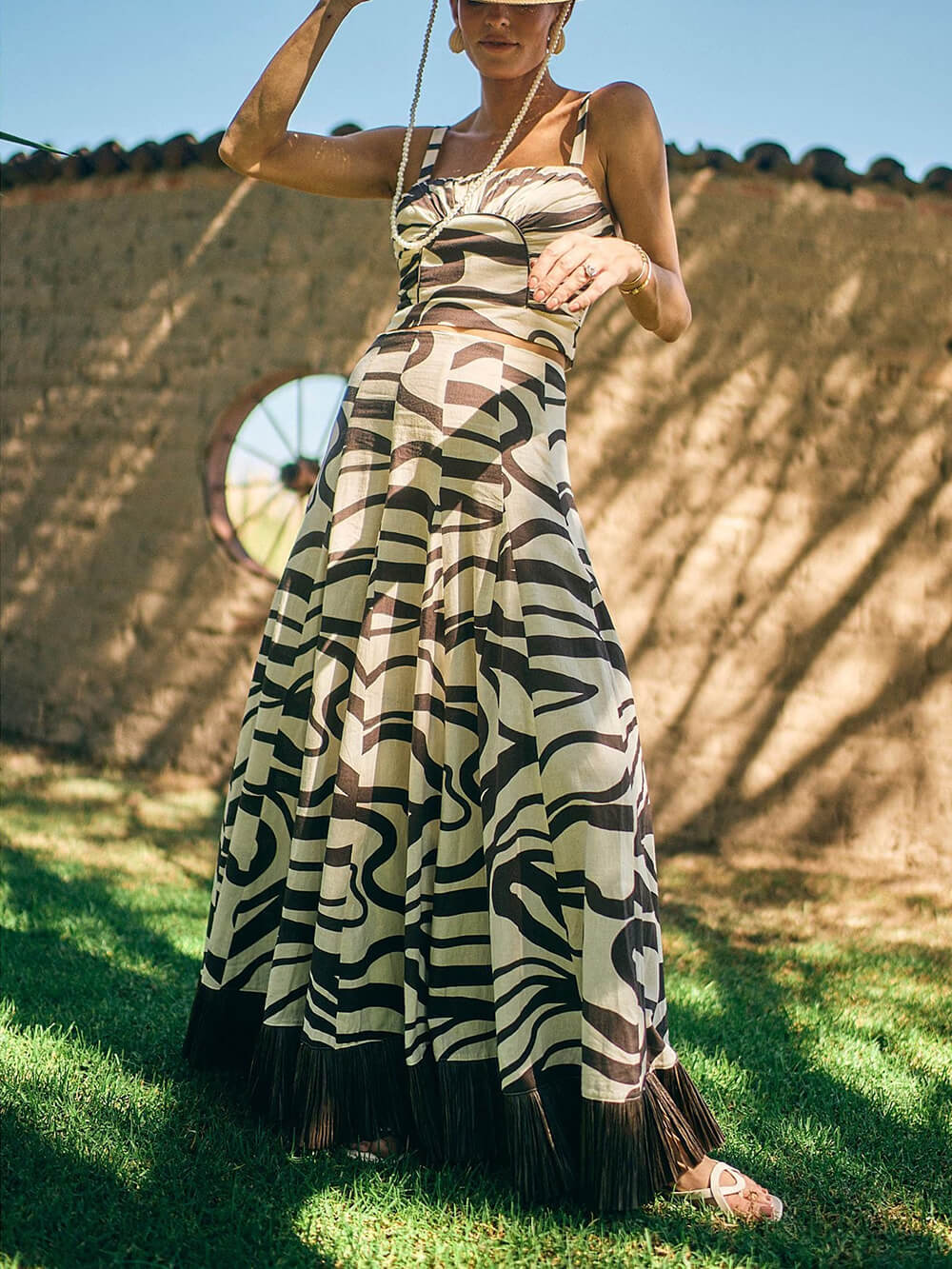 Unique Swirl Print Linen Tassel-Trimmed High-Waisted Skirt