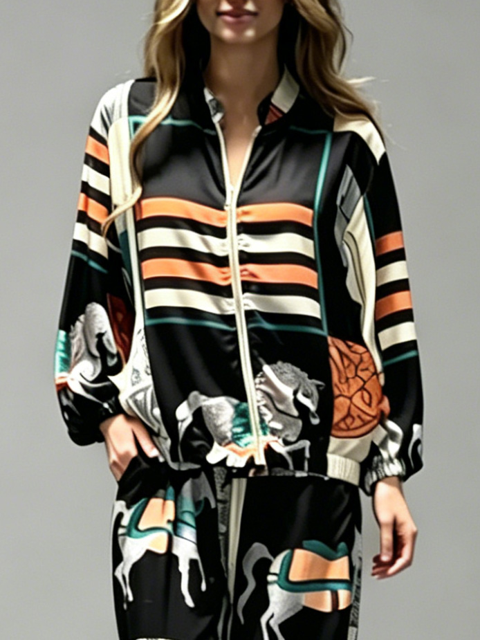 Casual Artistic Print Zip-Up Shirt