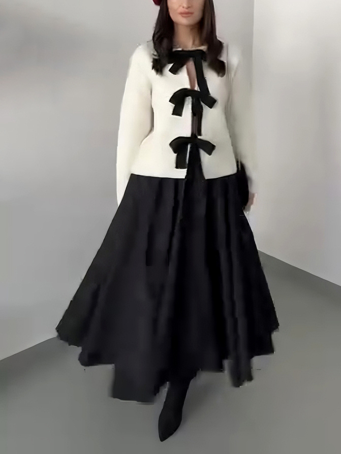 Elegant Bow-Knit Cardigan And A-Line Maxi Skirt Set
