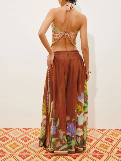 Exquisite Ruffled Adjustable Strap Camisole with Drawstring Slit Wide-Leg Pants Set