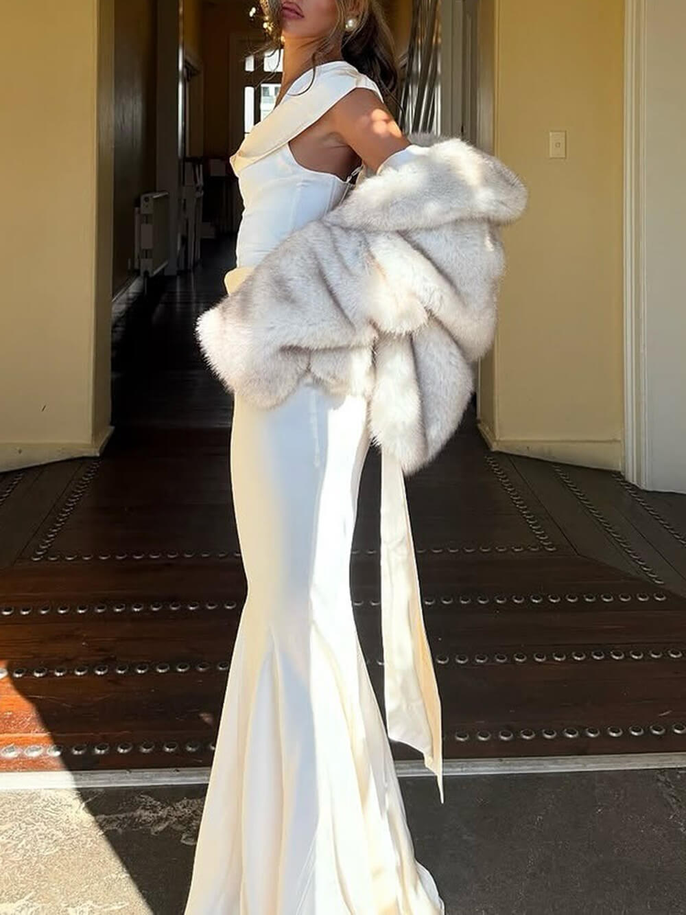 Elegant Pleated Fishtail Ribbon Fitted Party Maxi Dress