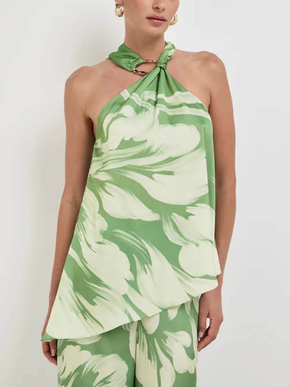 Modern Satin Abstract Floral Print Halter Tank Top