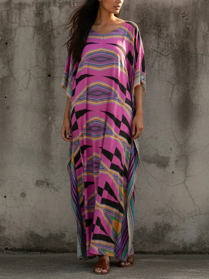 Retro Diamond Print Kimono Kaftan Beachwear Maxi Dress