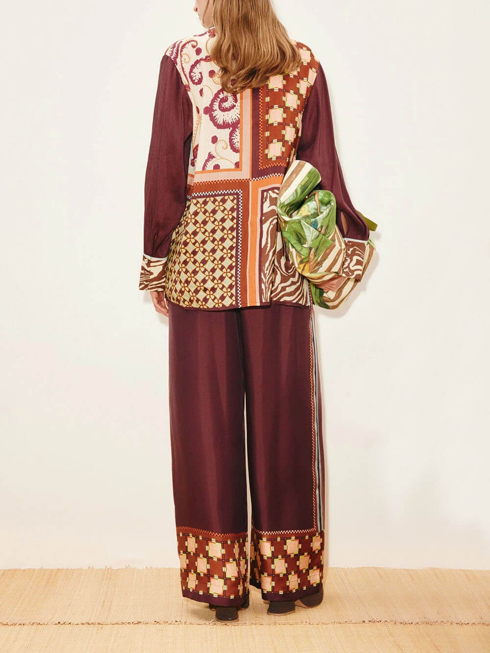Unique Paisley Color-Block Satin Shirt And Elastic Waist Wide-Leg Pants Set