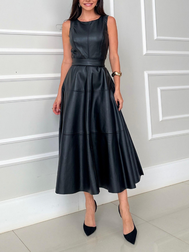 Elegant Sleeveless Leather-Look Midi Dress