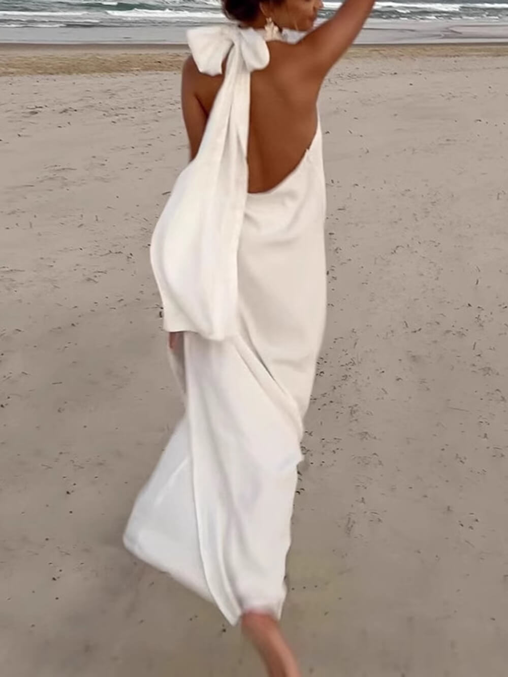 Retro Floral Crochet Satin Halter Backless Tie Maxi Dress