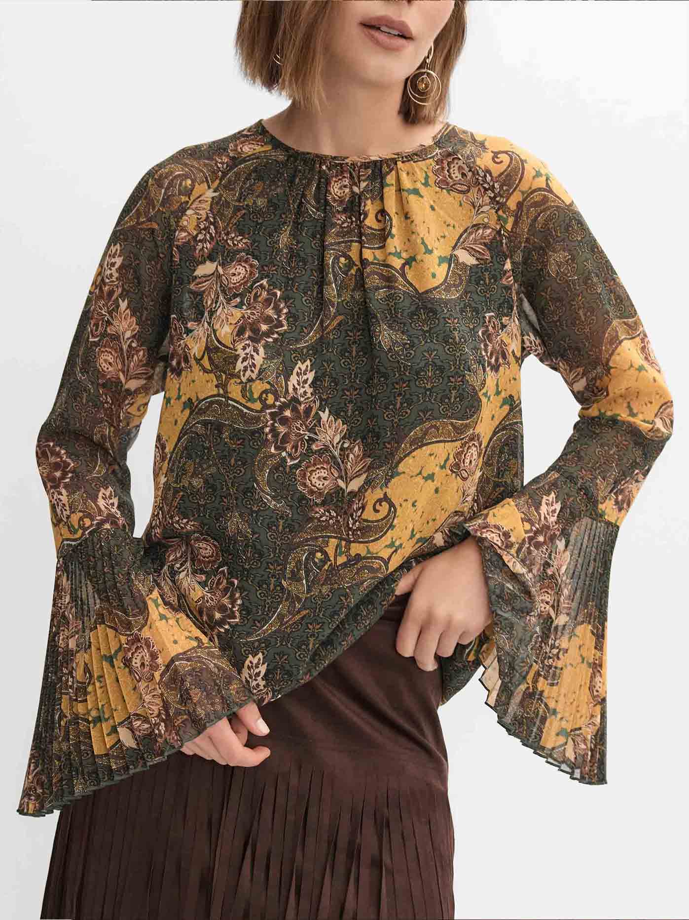 Retro Paisley Print Bell-sleeve Shirt Two-piece Set