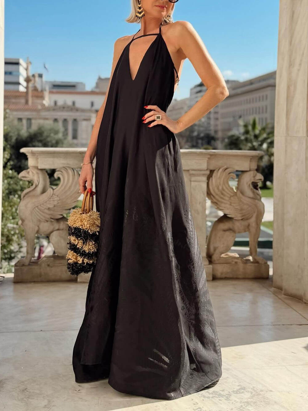 Boho Jacquard Backless Spaghetti Strap Maxi Dress