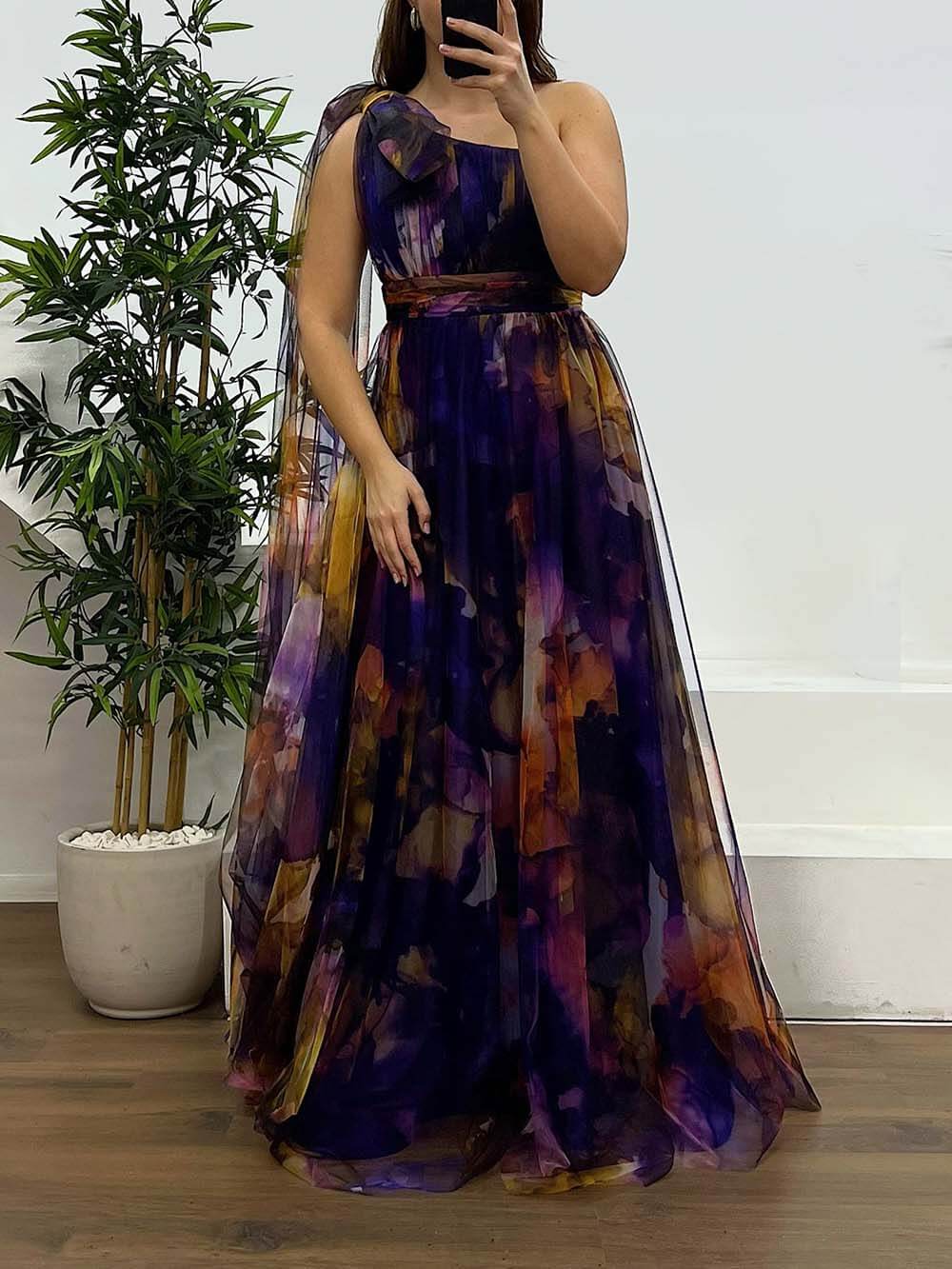 Elegant Printed One-Shoulder Chiffon Plus Size Tulle Evening Dress