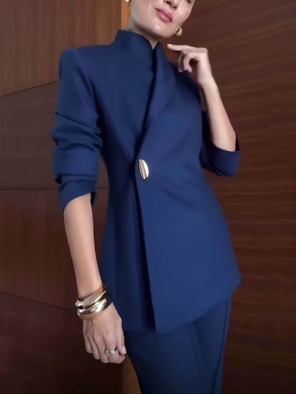 Fashionable Stand Lapel Neck Metal Button Long Sleeve Blazer