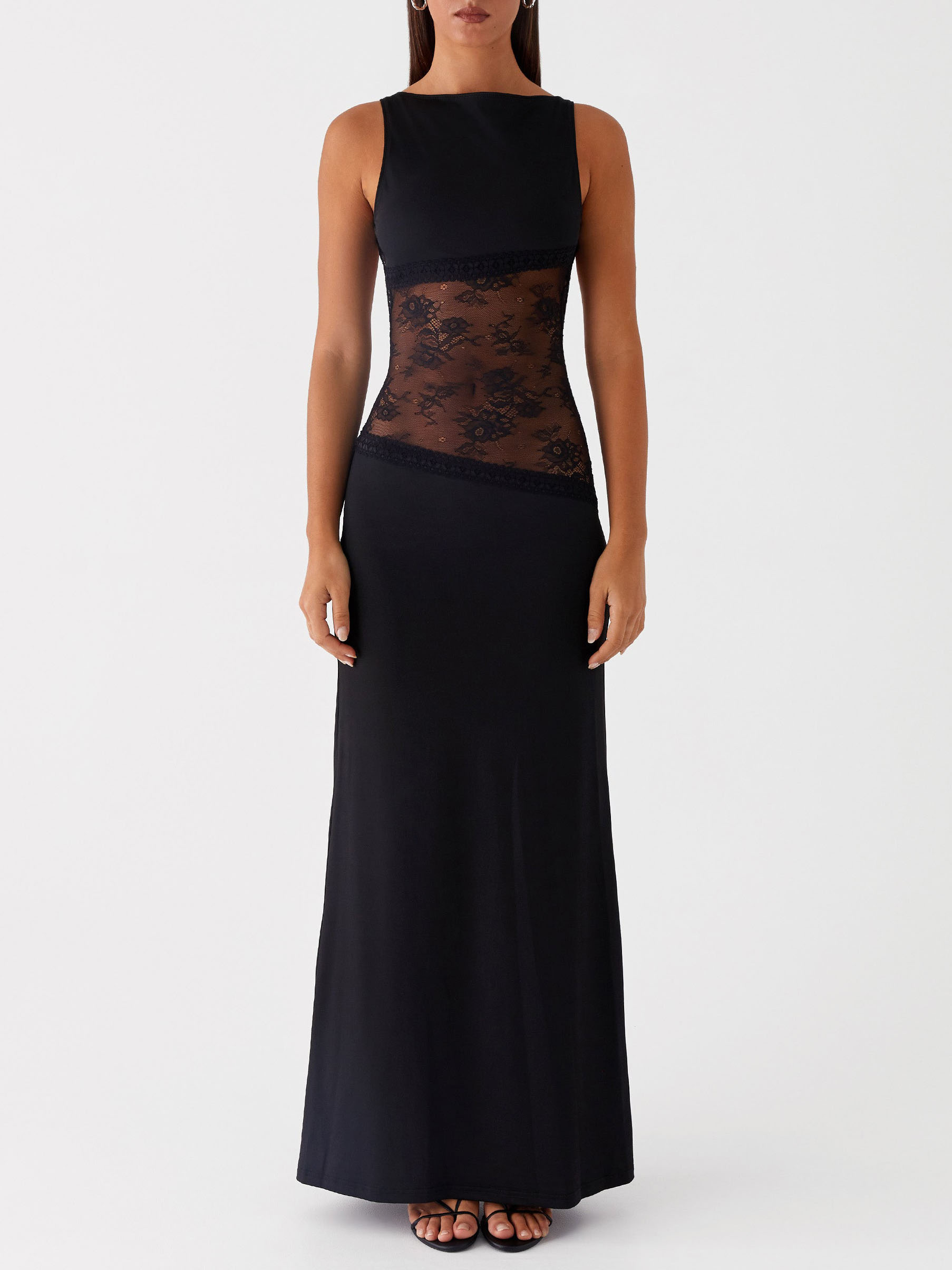 Elegant Sleeveless Boat Neck Black Lace Maxi Dress