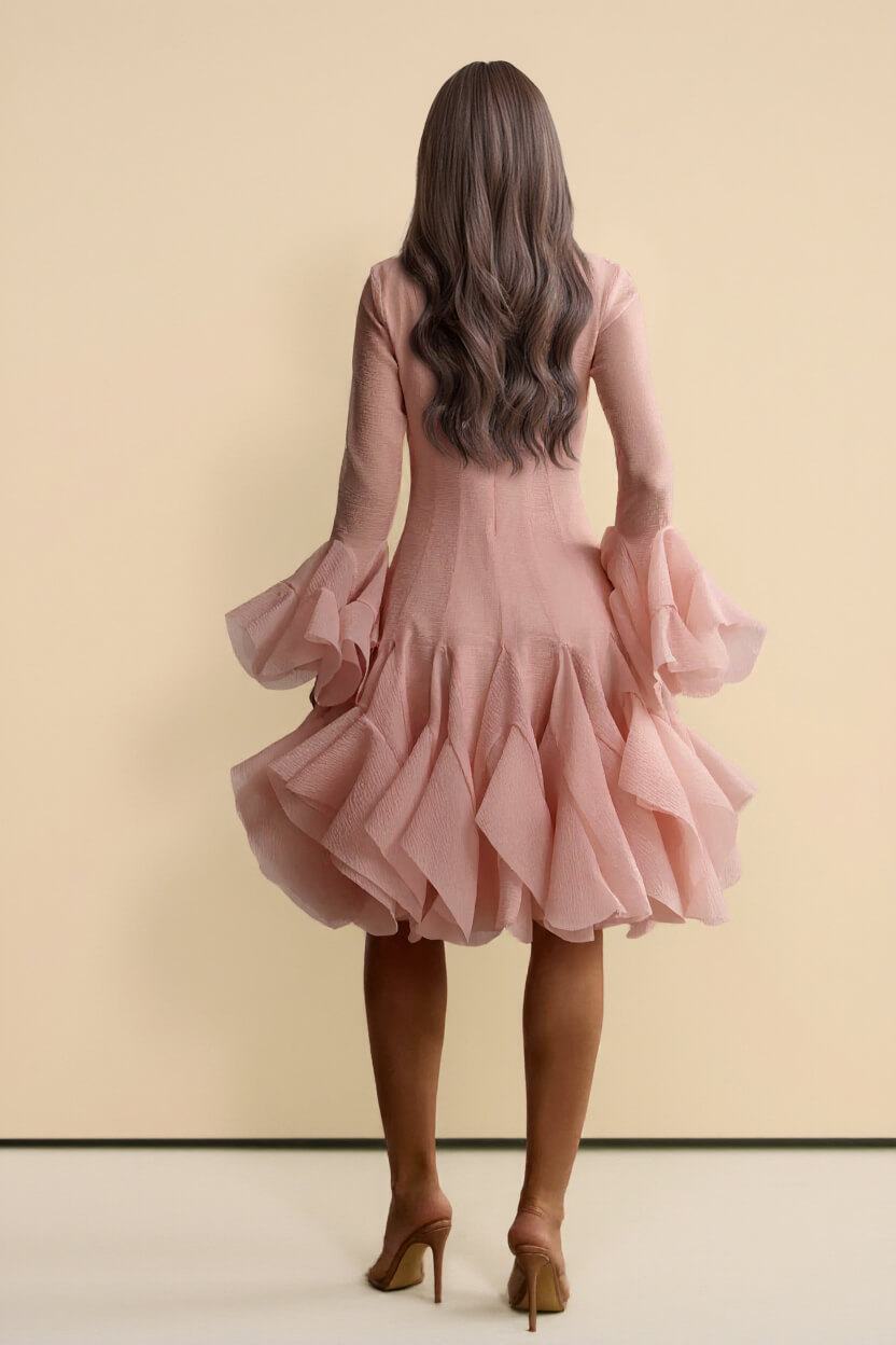 Elegant Pink Ruffle-Trimmed Bell Sleeve Midi Dress