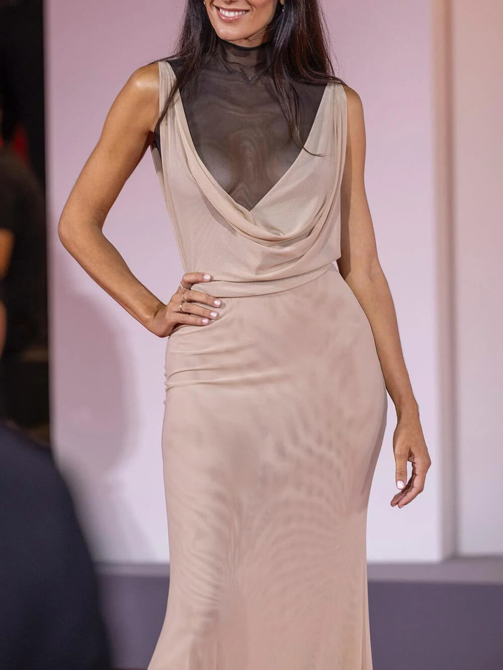 Elegant Sheer Drape-Neck Ruched Front Maxi Dress