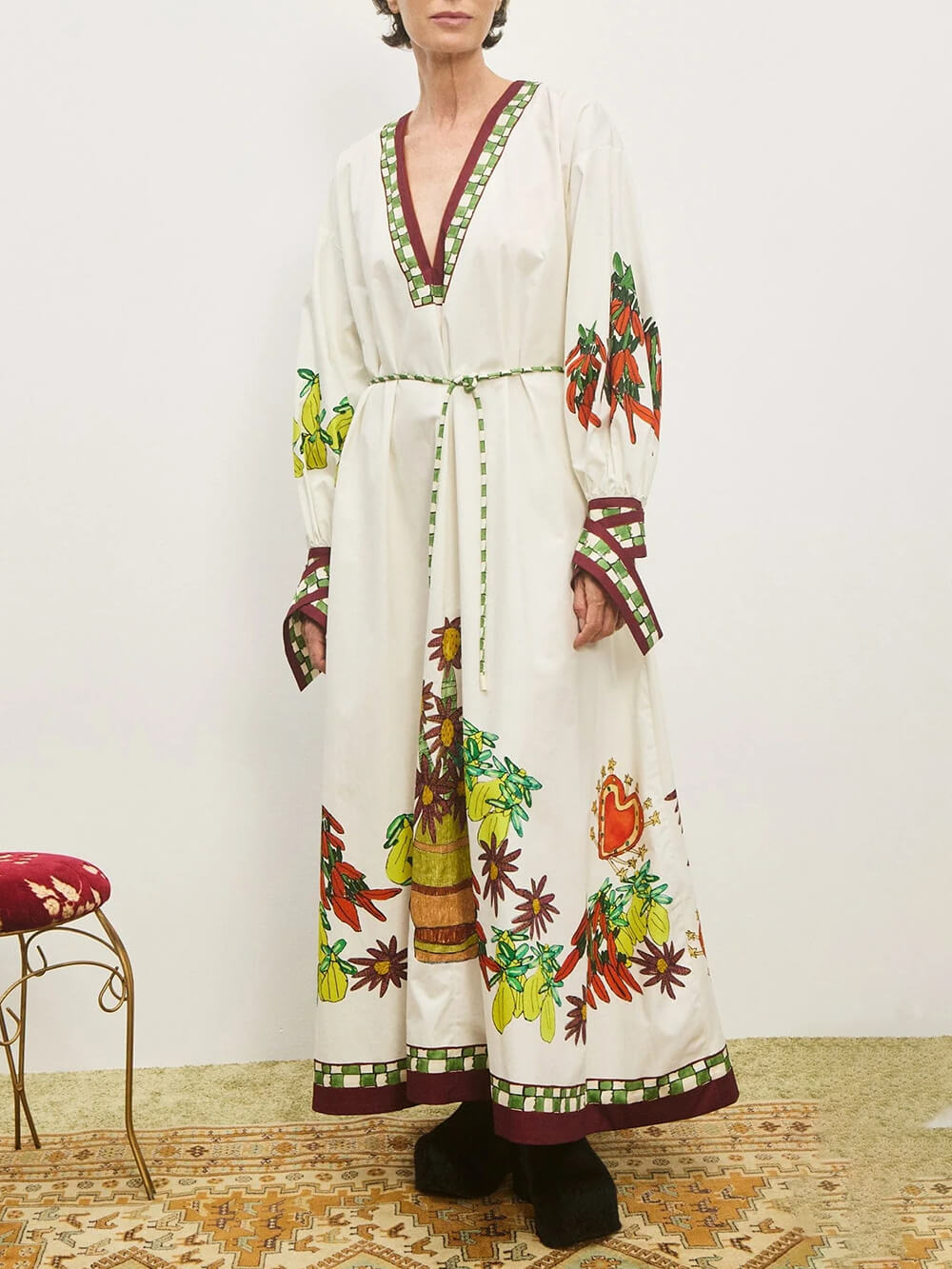 Unique Floral Print V-Neck Cuff Buttons Loose Maxi Dress