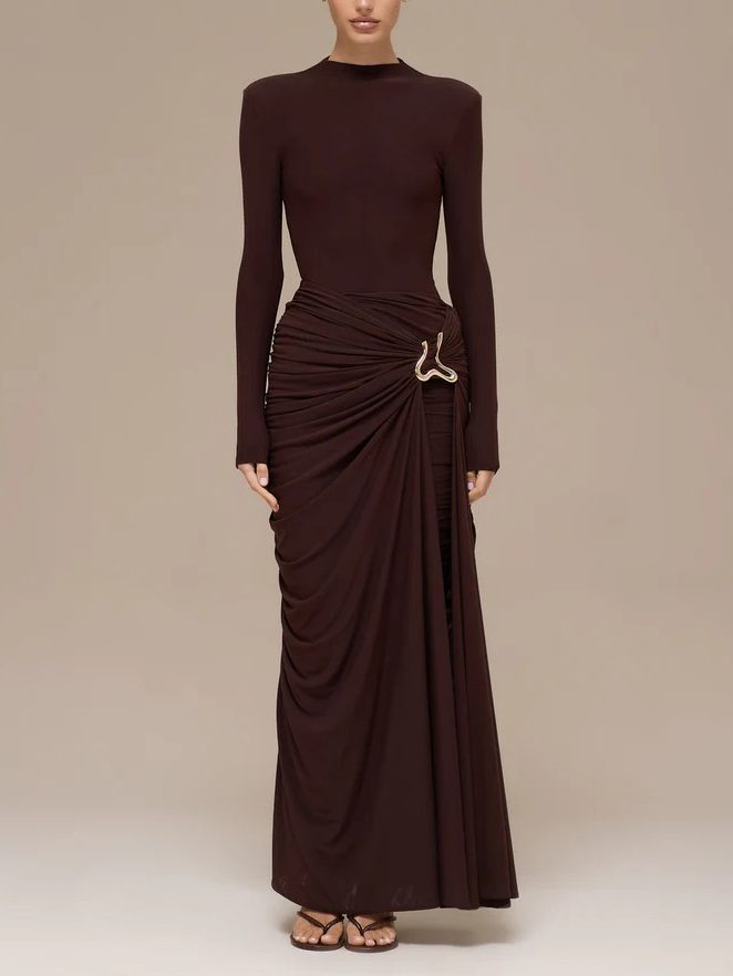 Elegant Draped Pleated High-Slit Maxi Skirt