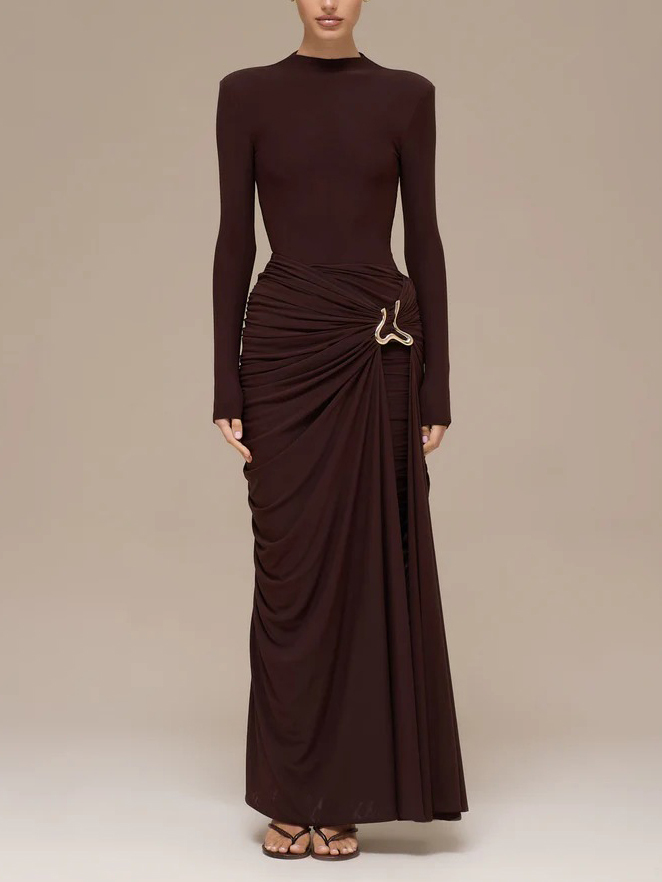 Elegant Draped Pleated High-Slit Maxi Skirt