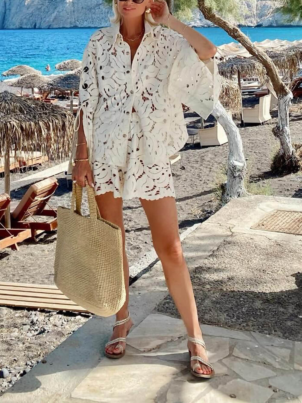 Vintage Exquisite Lace Crochet Slit Sleeve Top And Shorts Set