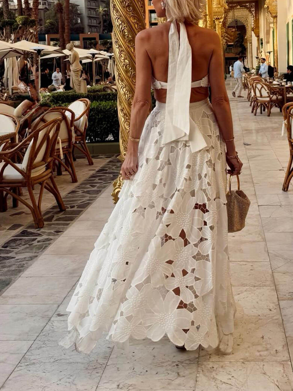 Exquisite Lace Crochet Backless Tie Maxi Dress