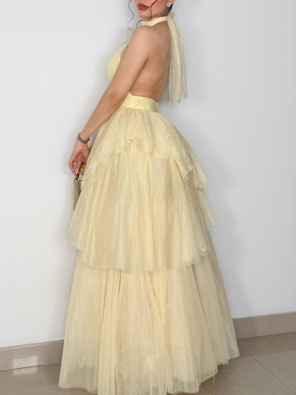 Elegant Backless Tie-Up Layered Tulle Maxi Dress