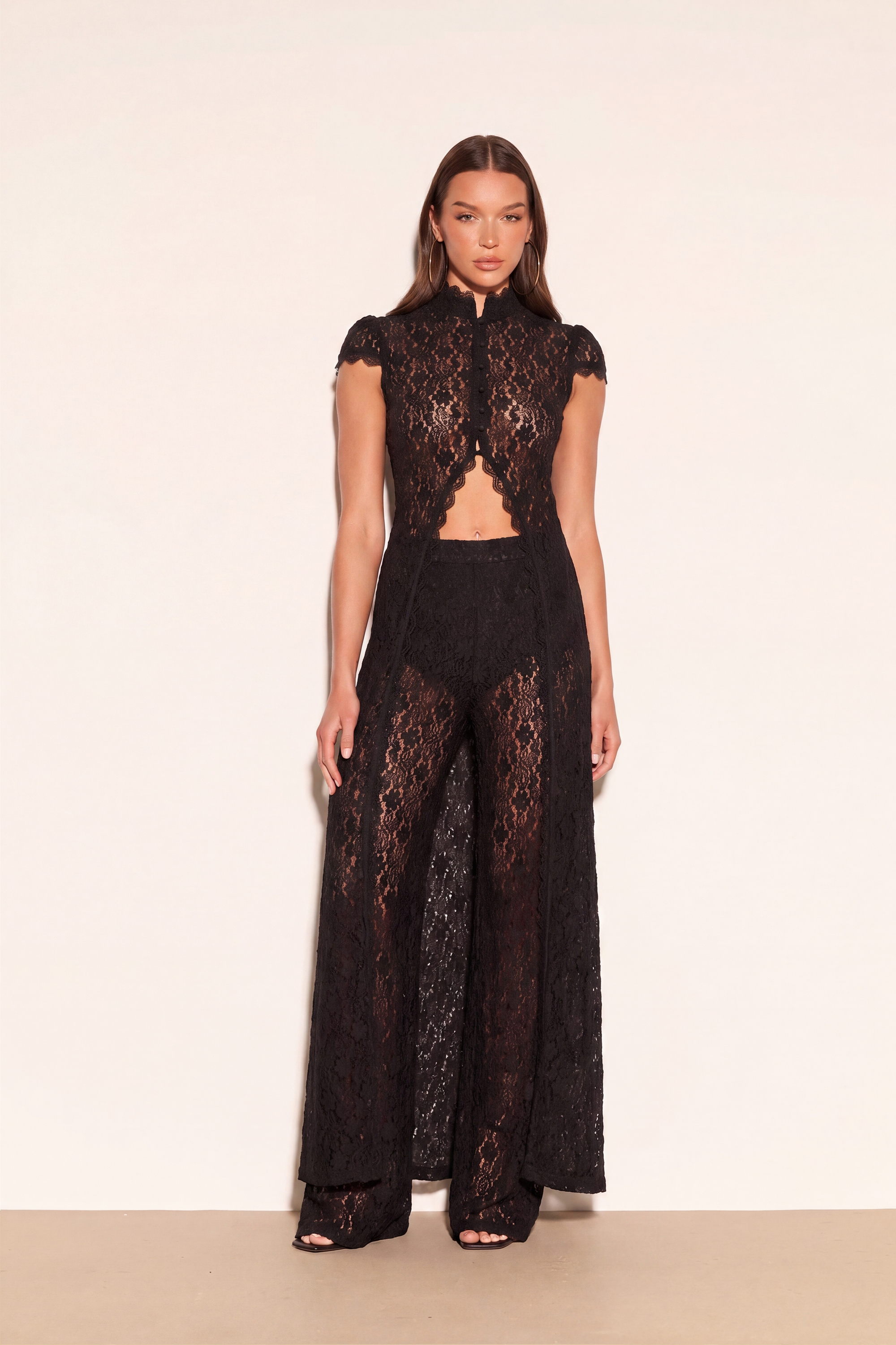 Black Lace Hollow Two-Piece Set-High Neck Bubble Sleeve Top