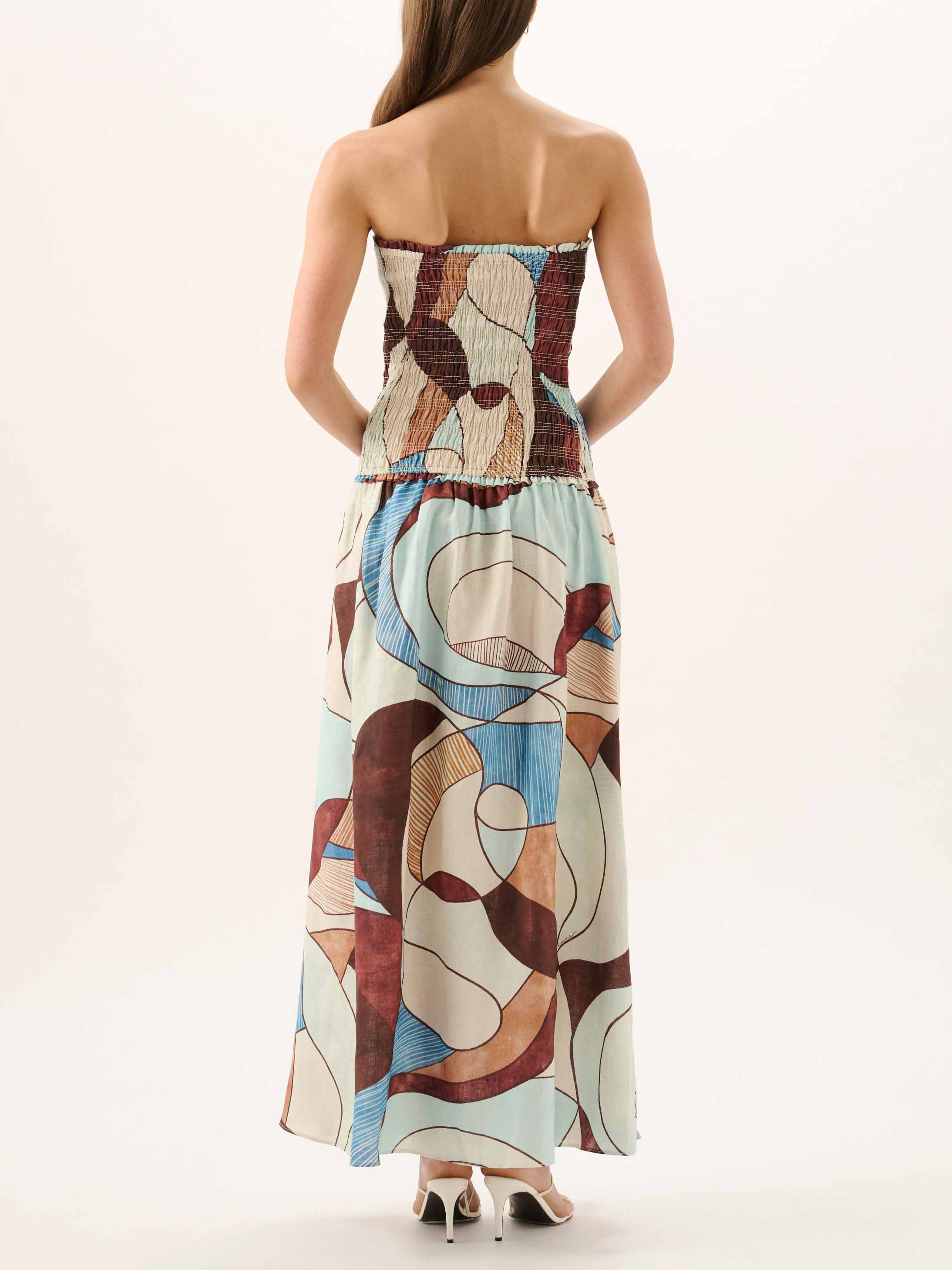 Exquisite Strapless Ruched Abstract Geometric Print Tiered Maxi Dress