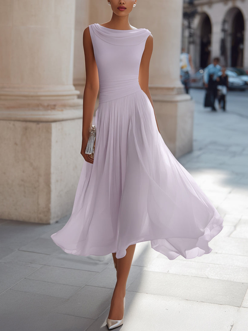 Elegant Pleated Skirt Waist Ruched Midi Dress