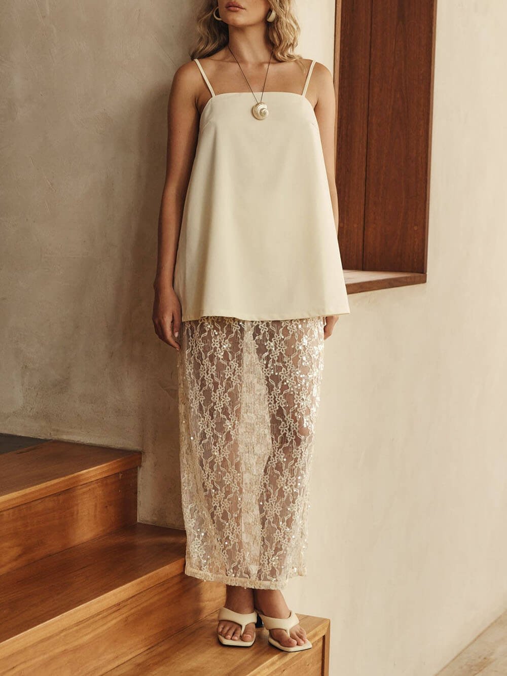 Elegant Sheer Sequin Lace High-Waist Maxi Skirt