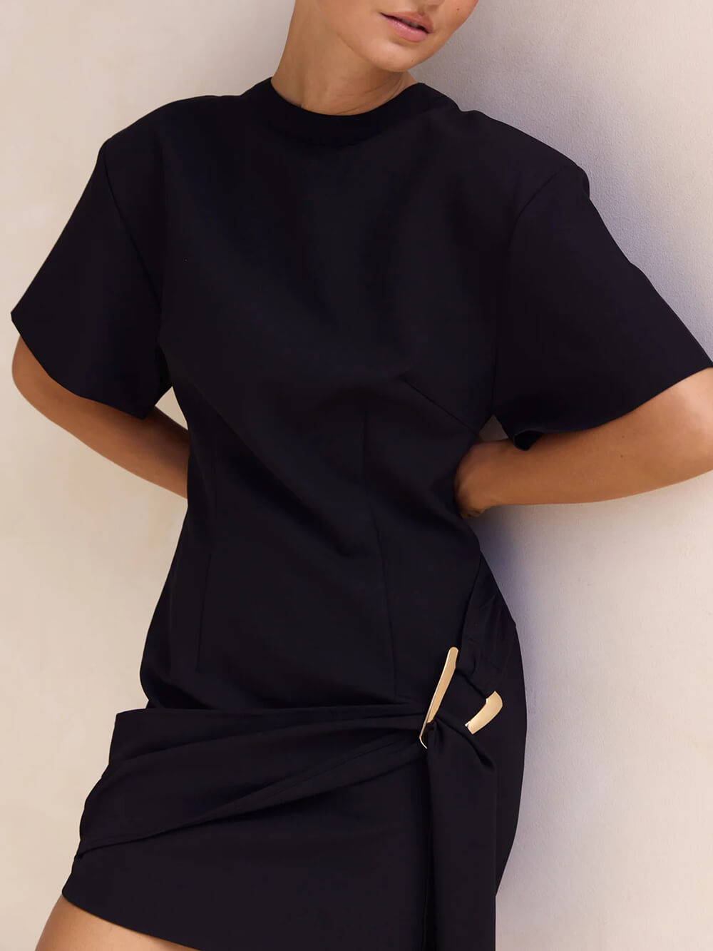 Classic Modern Gold Ring Detail Draped Mini Dress