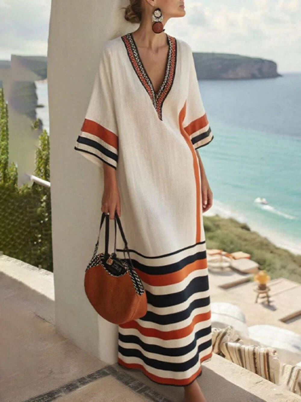 Bohemian Striped Print Patchwork Off-Shoulder Kimono Maxi Dress