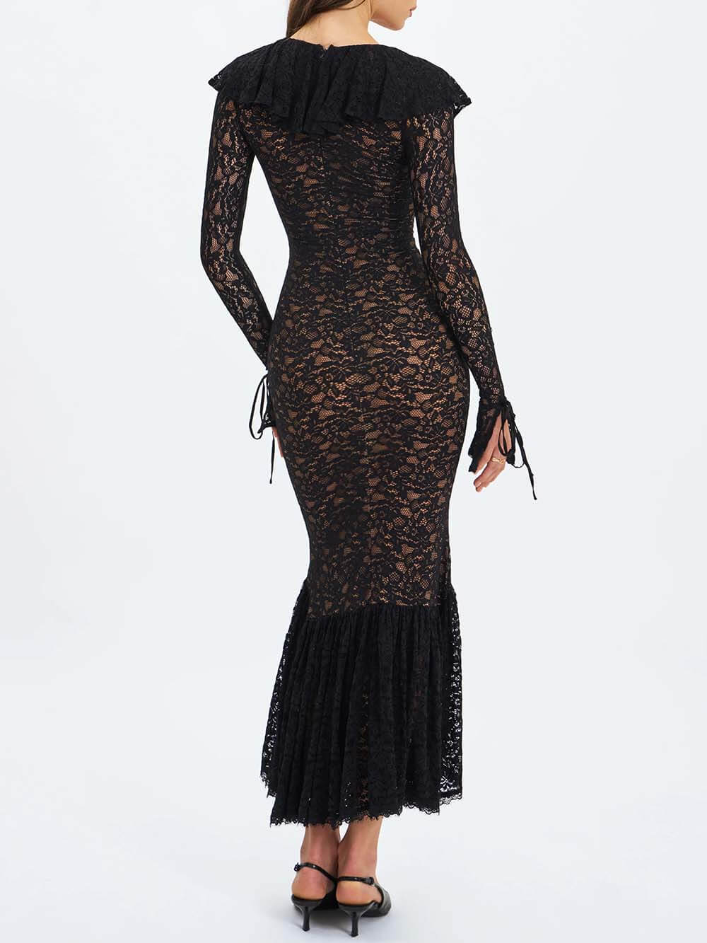 Exquisite Black Lace Ruffle Mermaid Maxi Dress