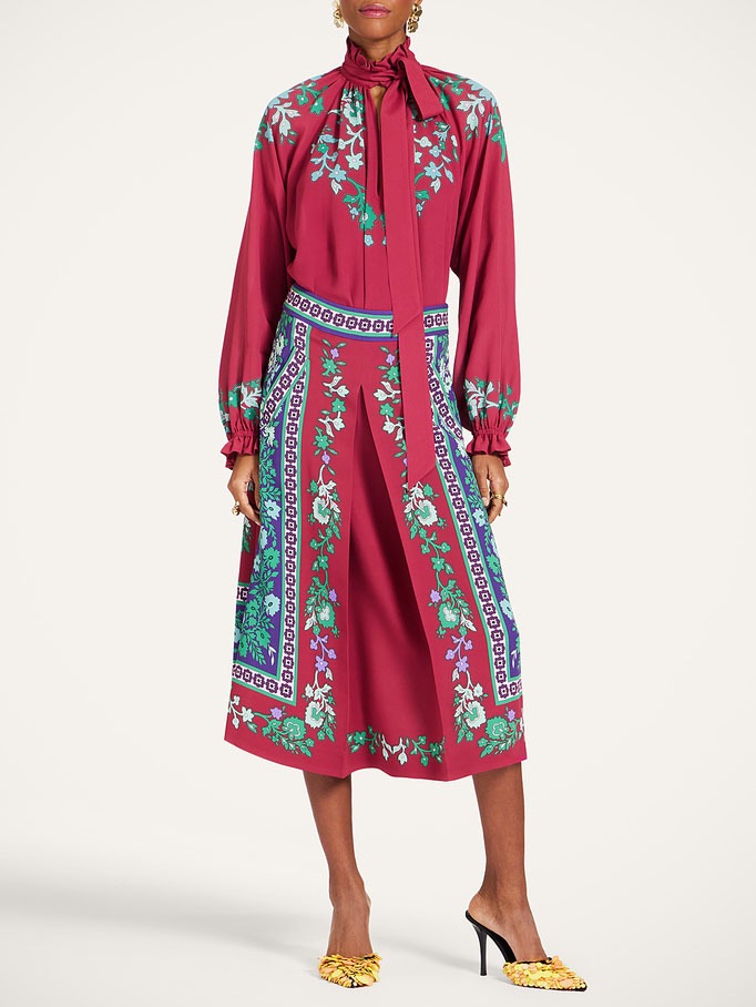 Retro Printed Tie-Neck Shirt & Piped Trim Midi Skirt Two-Piece Set