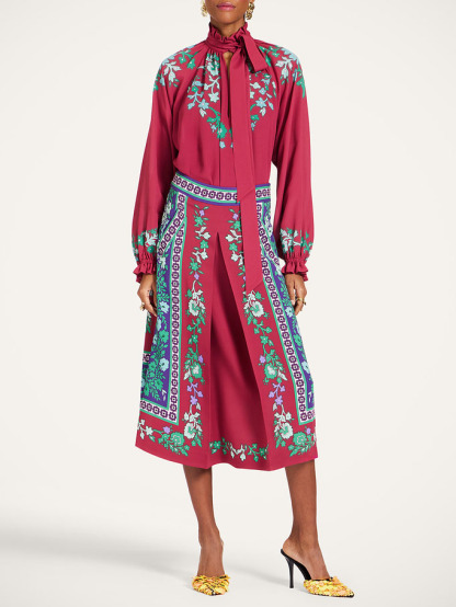 Retro Printed Tie-Neck Shirt & Piped Trim Midi Skirt Two-Piece Set