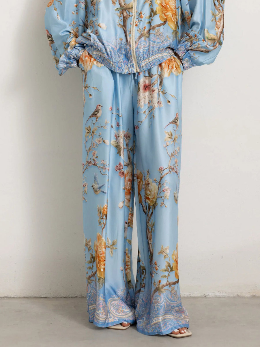 Elegant Floral And Bird Print Zip-up Lantern Sleeve Shirt