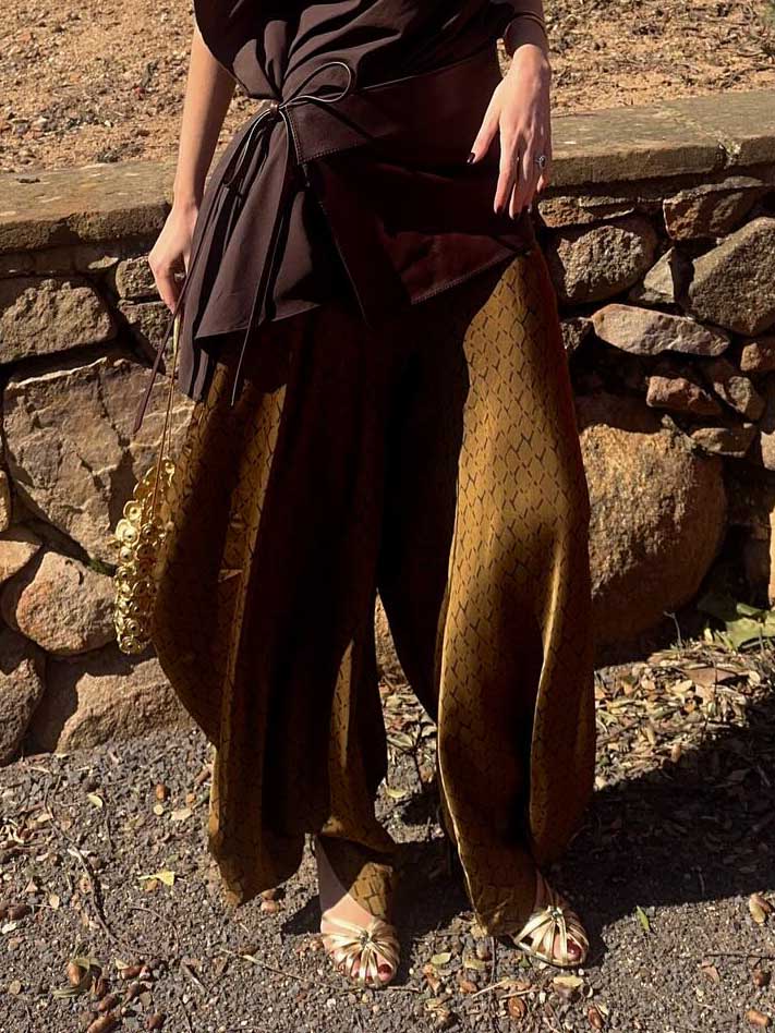 Elegant Asymmetrical Drape Top & Printed Wide-Leg Pants Two-Piece Set