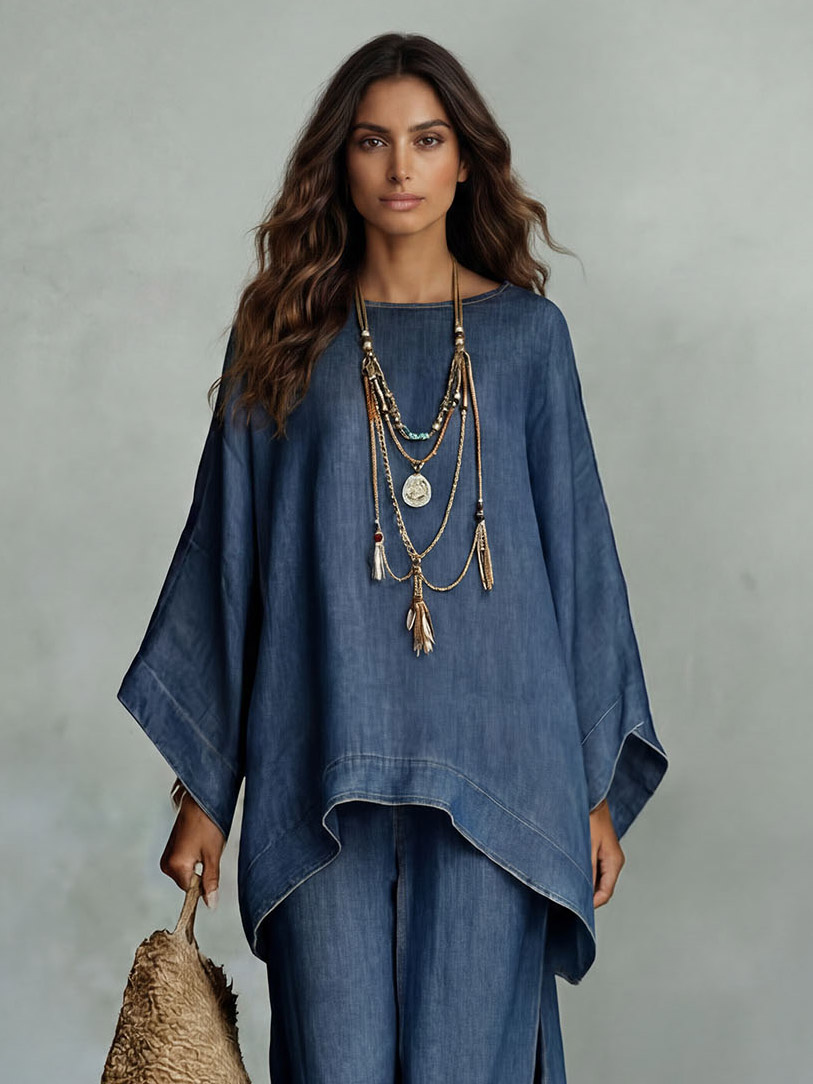 Casual Denim Batwing Asymmetrical Top & Wide Leg Pants Set