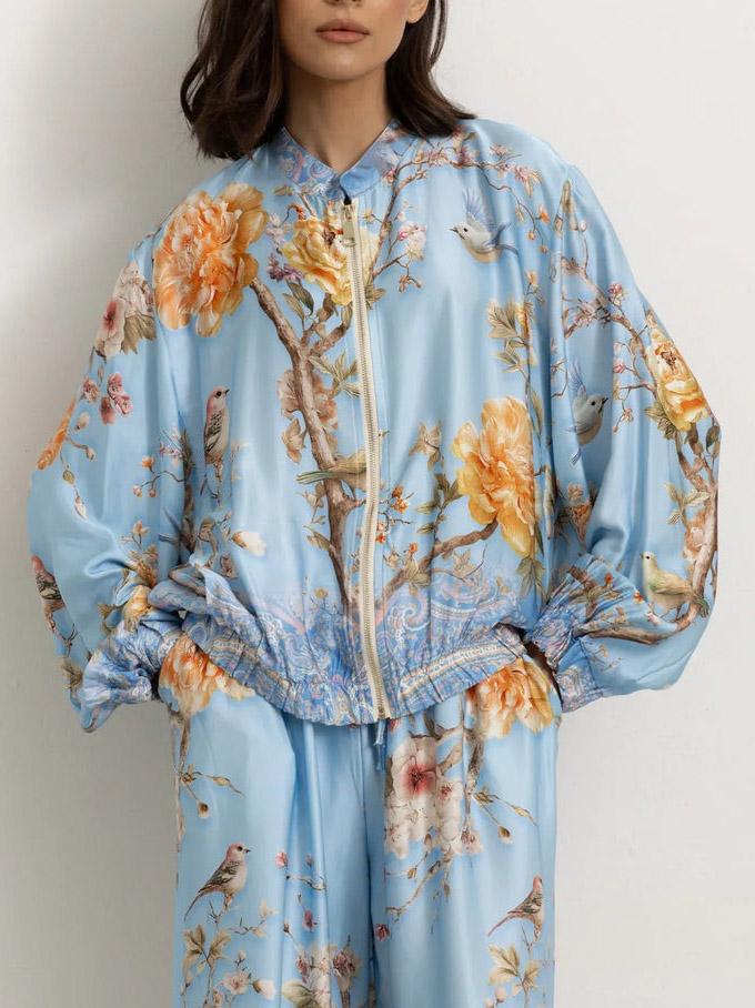 Elegant Floral Bird Print Shirt& Wide Leg Pants Set