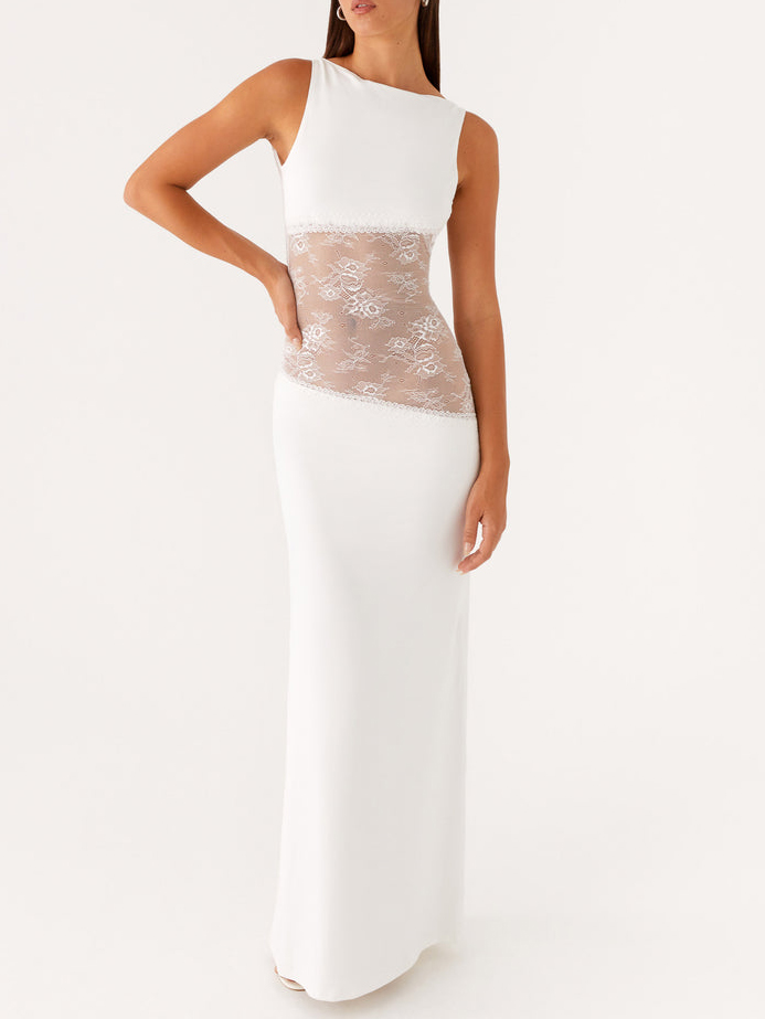 Elegant Sleeveless Boat Neck Black Lace Maxi Dress