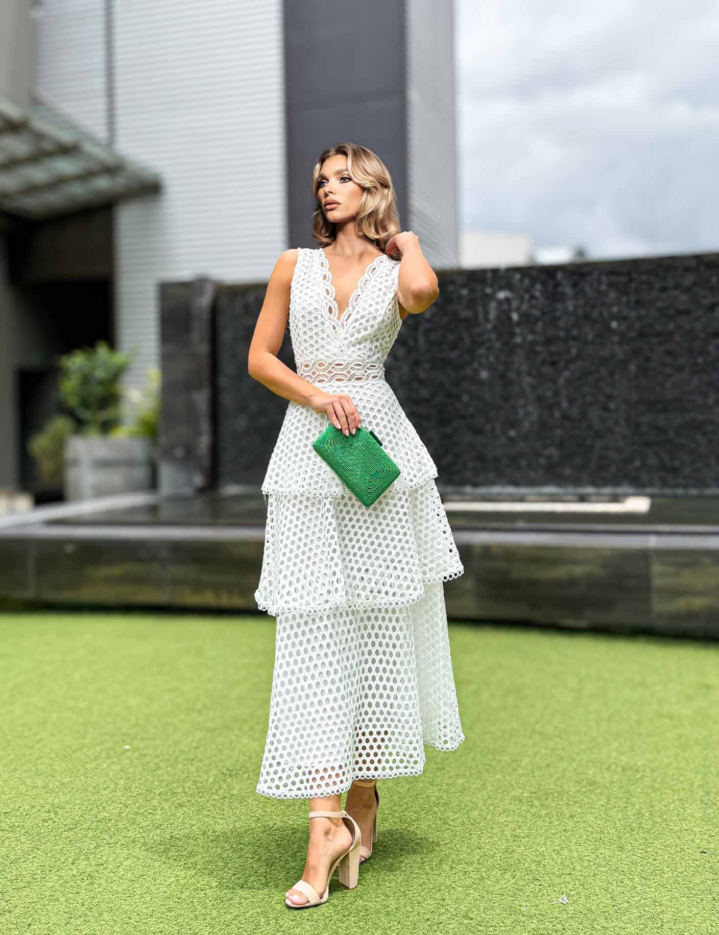Elegant Crocheted Lace Layered Ruffle Maxi Dress