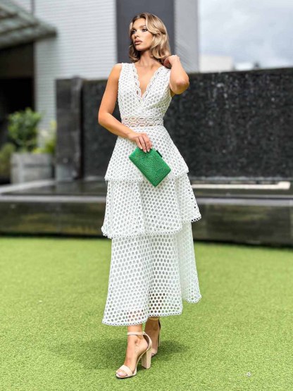 Elegant Crocheted Lace Layered Ruffle Maxi Dress